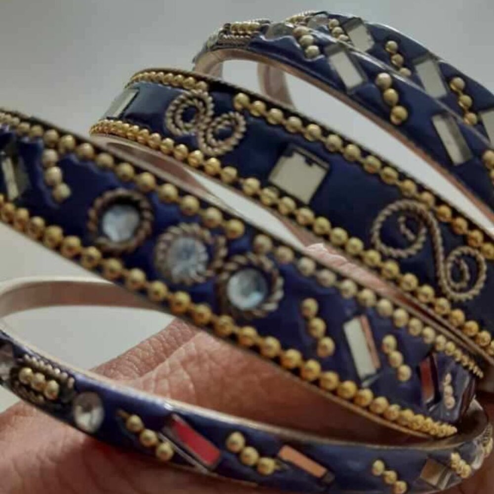 Sapphire Blue Indian Bangles with mirror detail - size small/ medium - 5pcs